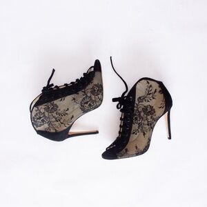 999$MRP Jimmy Choo Freya 100 Suede Lace Up Booties Black Lace Ankle Boots SZ:38